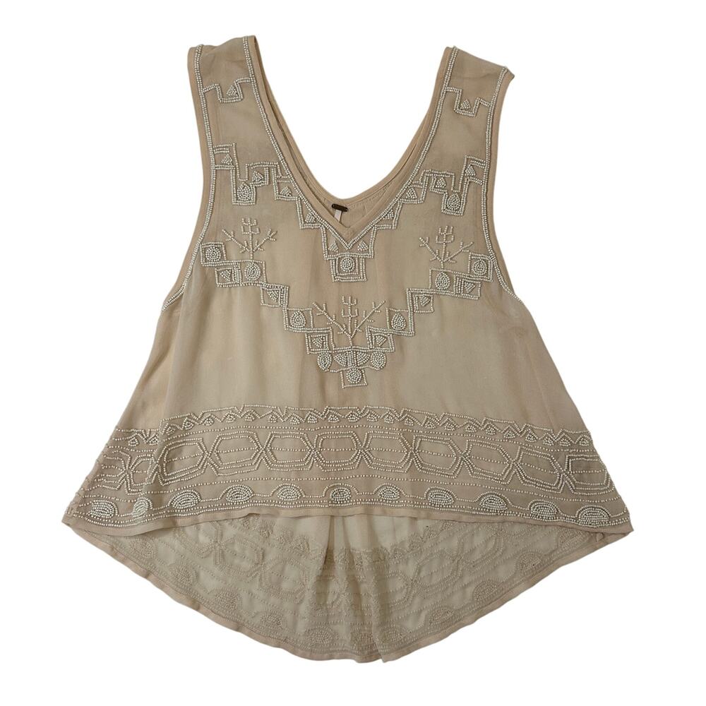 Free People Cream Beaded Boho Short Sleeve Hi Low Blouse Size XS